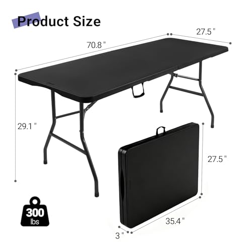 Image of Byliable Folding Table 6ft, Heavy Duty Portable Plastic Fold-in-Half Utility Table with Carrying Handle for Indoor Outdoor, Camping Picnic Party, Black