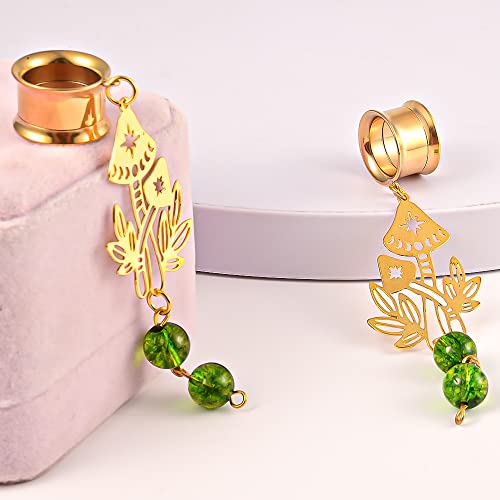 Doearko 2Pcs Mushroom-Pendant Natural Stone Hypoallergenic Stainless Steel Dangle Ear Plugs Tunnels Ear Gauges Stretcher Pair Selling 2G 0G Piercing Body Jewelry (22Mm(7/8"), Gold) #TOP3