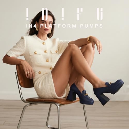 IDIFU IN4 Platform Heels Closed Square Toe Chunky Block High Penny Loafers Pumps with Metal Chain Wedding Prom Graduation Formal Dress Shoes for Women Dressy Slip On Thick Uniform Platform Pumps2