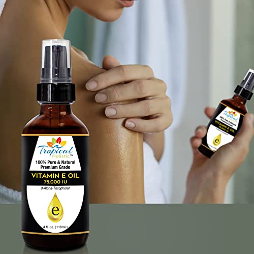 Tropical Holistic 100% Pure Vitamin E Oil 4Oz - Extra Strength 75,000 Iu, Unrefined Natural Face Moisturizer For Skin, Scars, Nails, Hair Growth, Wrinkles, Dark Spots - Premium Grade Antioxidant #TOP4