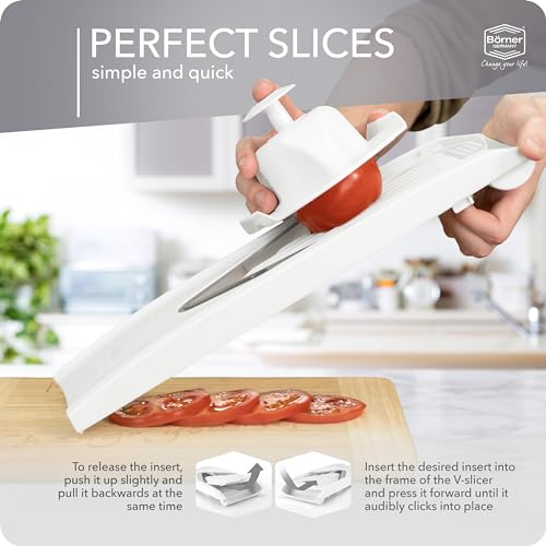 Miniatura 6 de Börner Cortador De Verduras V1 Set Inicial Mandolina En V Con 4 Cuchillas Intercambiables Y Protector De Dedos Cortadora Ajustable Para Cortar En Rodajas, Tiras Y Cubos Color: Blanco