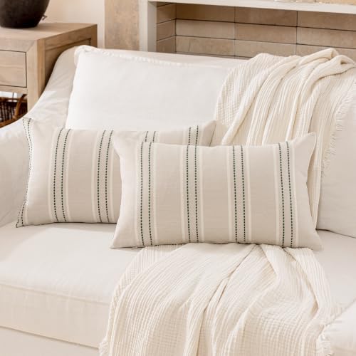 Image of Hckot Stripe Throw Pillow Covers 12x24 Lumbar Dark Green Pillow Covers | Farmhouse Decorative Pillows Textured Cushion Covers for Sofa Couch Bed Living Room Decor