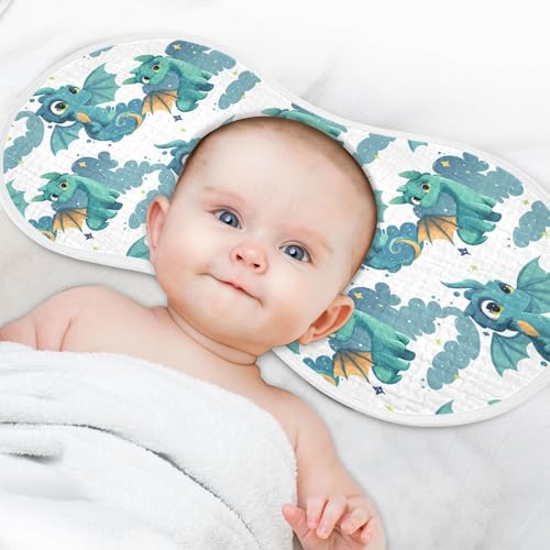 Image of Muslin Baby Burp Cloths Set of 2, Soft Absorbent Cartoon Green Dragon Muslin Washcloths, Bibs, Face Towel for Newborn Boys Girls, 22 x 11 Inch