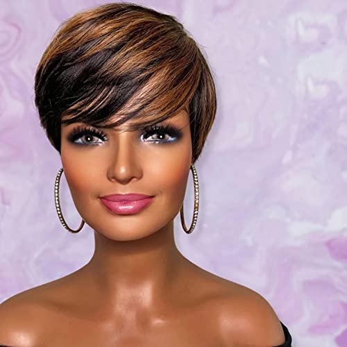 QiaQiaRing 10A Pixie Cut Wigs for Black Women Short Layered Pixie Cut Wigs with Bangs 1B/30 Color Short Pixie Cut Wigs for Black Women 150% Density Full Machine Made (Black With Brown)