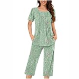 Womens Button Down Pajama Set Short Sleeve Sleepwear Soft Pjs Pleated Floral Nightshirts and Capri Pants Lounge Sets