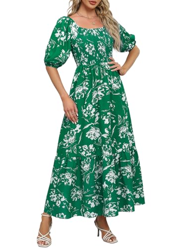Image of Lyrur Summer Boho Smocked Maxi Dresses for Women Casual Puff Sleeve Square Neck A Line Tiered Ruffle Ankle Length Dress