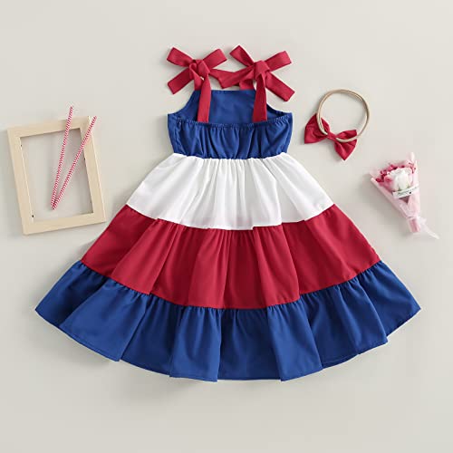 Kids Little Girls Suspenders Dress Tie-Up Straps Sleeveless Color Block Princess Dresses Beach Sundress Headband3