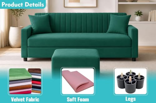 Image of Los Angeles Modern 3-Seater Wooden Sofa Set with Ottoman, Soft Velvet Upholstery, Comfortable Couch for Living Room, Office - Green
