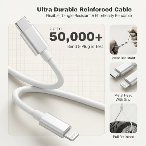 Image of USB Type C to Lightening Cable, MFi Certified, 27W Fast Charging & 480Mbps Data Sync, 1M White Charging Cable Compatible with iPhone 14 /13 /12 /11 /X /8 Series, iPad & AirPod (Free Cable Protector)