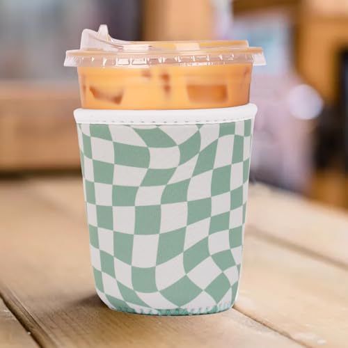 Image of Reusable Insulated Neoprene Iced Coffee Cup Sleeve, Durable Drink Sleeve for Cold Beverages, Beverage Holder for Iced Coffee (Wavy Grid)