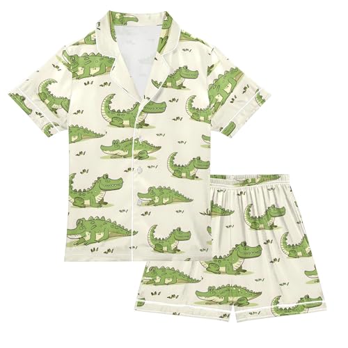 ALAZA Cute Animal Crocodile Pajamas Satin Pajama Set Short Sleeve Button Down Sleepwear
