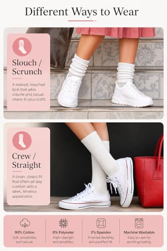 Image of Winterlace Womens Slouch Socks, 6 Pairs Cotton Scrunch Ribbed Crew Socks Soft Retro 80s Slouchy Calf Boot Sock