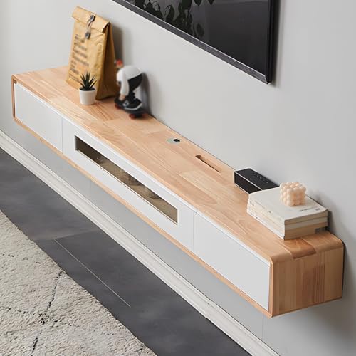 Mueble TV Suspendido Moderna con 2 Cajones, Madera Mueble TV Flotante Pintura de Alto Brillo, Con panel de puerta de vidrio, Consola Multimedia no Requiere Montaje (Color madera+blanco, 120cm)