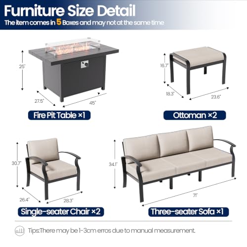 Image of Aluminum Patio Furniture Set with Fire Pit Table, 7 Seats Outdoor Patio Conversation Sets with Ottomans, Modern Metal Patio Sectional Sofa with Upgrade Cushions for Patio, Backyard, Deck - Sand