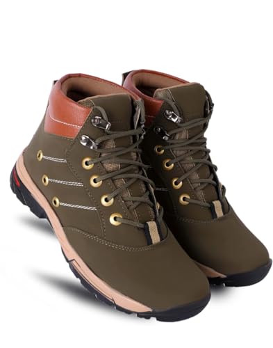 Image of Hiking Boots, Black and Tan, Lace-Up High Ankle, Metal Eyelets, Rugged Outdoor Footwear