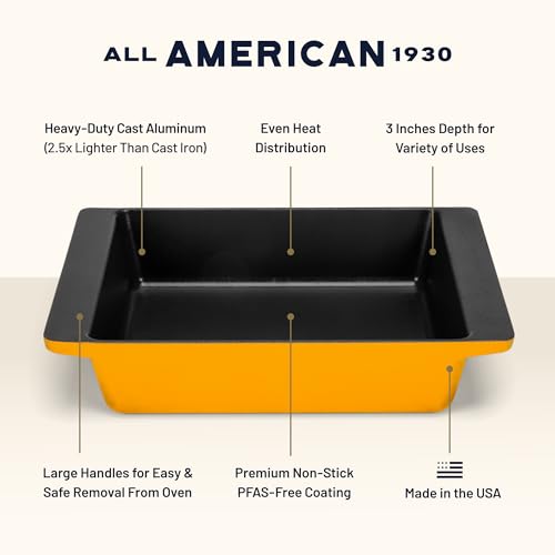 Image of All American 1930 - XL Bake Pan with Ceramic Non-Stick Coating - Mustard - Durable & PFAS Free - Designed to transition from Stovetop to Oven - Made in the USA