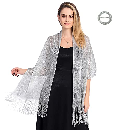 TOEECY Damen Glitzer Stola Schal Funkelnde Metallische Tücher Wickel mit Schalschnalle Elegante Weich Umschlagtuch mit Fransen für Hochzeit Brautjungfer Abendkleid Party Abschlussball (Silber) Cover