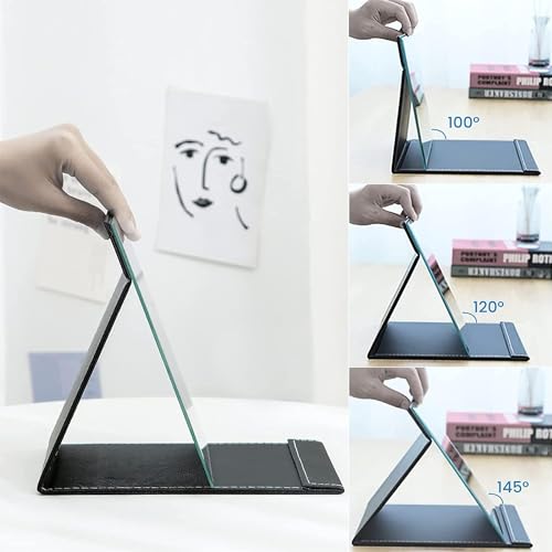 Image of Folding Portable Makeup Mirror with Adjustable Stand | HD Frameless Beveled Design | Travel-Friendly PU Leather Vanity Mirror for Desk, Dresser & Bathroom,Rectangular (Black Square Edge Mirror)