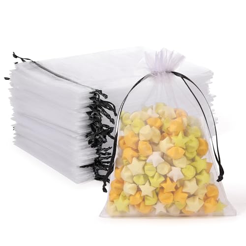 Image of Hopttreely White Organza Bags with Black Drawstring, 4x6 Inch Premium Mesh Drawstring Gift Bags for Party Favors, Jewelry, Weddings, Small Business, Baby Shower, Graduation, Candy & Goodie Bags