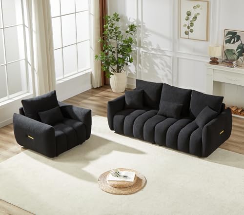 Image of Antetek Set of 3 Teddy Fabric Sofa for Living Room, Modern 2 Units Deep Seat Sofa Chairs and an Oversized 3-Seater Cloud Boucle Couch for Bedroom, Office, Apartment, Furniture Set, Black (3 Pieces)