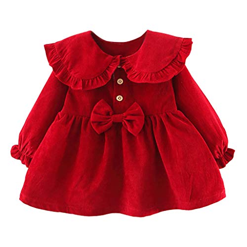 Shan-S Toddler Baby Kids Girls Dress, Children's Long Sleeve Solid Color Corduroy Ruffles Bowtie Dress Casual T-Shirt Tops Clothes