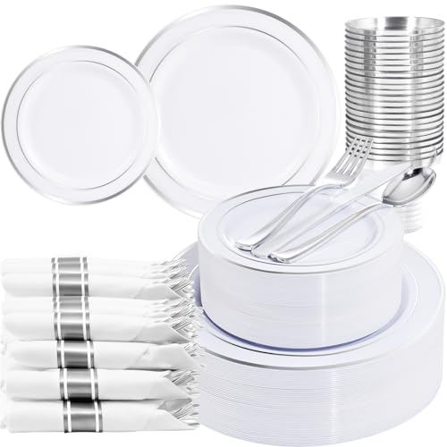 WELLIFE 210 Piece Silver Plastic Dinnerware Set for 30 Guests, Pl...
