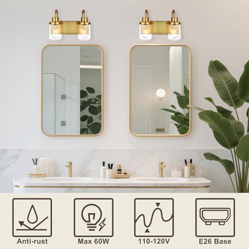 Image of Yaohong Gold Bathroom Light Fixtures, 2-Light Vintage Gold Vanity Lights, Industrial Wall Sconce with Clear Glass Shade Light Fixtures for Bathroom Above Mirror Kitchen Living Room Gallery