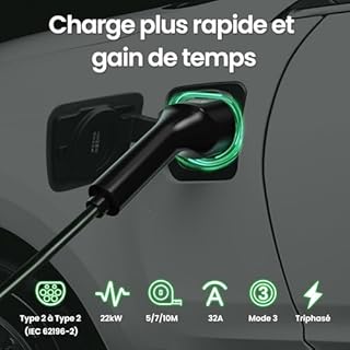 GONEO Câble de Recharge Type 2 22KW 7M 32A Voiture Électrique Triphasé Type 2 à Type 2 EV/PHEV Câble avec Sac de Transport Compatible 3/S/X/Y/e-208/ID.5/E-Tron/IONIQ 5/ Zoe/e-Golf