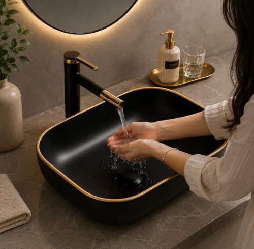 Image of OSOSAM Elegant Matte Finish Black & Gold Ceramic Bathroom Sink - Table Top Basin - 18x13x5.5 Inch
