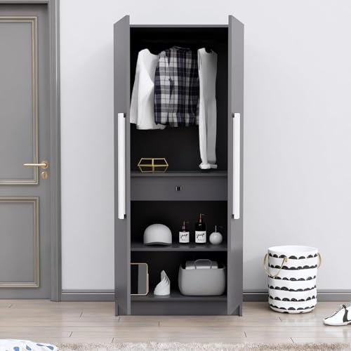 Image of Bniture 2 Door Wooden Wardrobe for Bedroom | Almirah for Clothes with 4 Shelves, Engineered Wood Wardrobe for Clothes | Cupboard for Bedroom (46D x 80W x 182H CM) | 3 Years Warranty (Slate Grey)