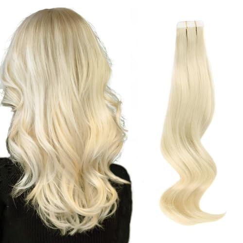 ABH AMAZINGBEAUTY HAIR Platinum Blonde Tape in Hair Extensions Human Hair 18 Inch Semi-permanent Tape Attached Real Remy Human Hair Tape in Extensions 50g 20pcs Skin Weft #60