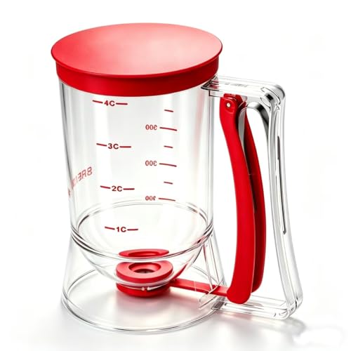 Image of BBSTARZ Pancake Batter Dispenser – 4-Cup Batter Dispenser with Squeeze Handle & Measuring Marks for Pancakes, Waffles, Muffins, Crepes & Cupcakes – Baking Tool(Red)