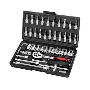 KeZaara 46 Piezas Juego de Llaves de Vaso con Llave Carraca 1/4″, Juego de Llaves de Vaso Cromadas, Juego de Llaves de Trinquete y de Tubo Adecuado para Trabajar en Bicicletas y Coches