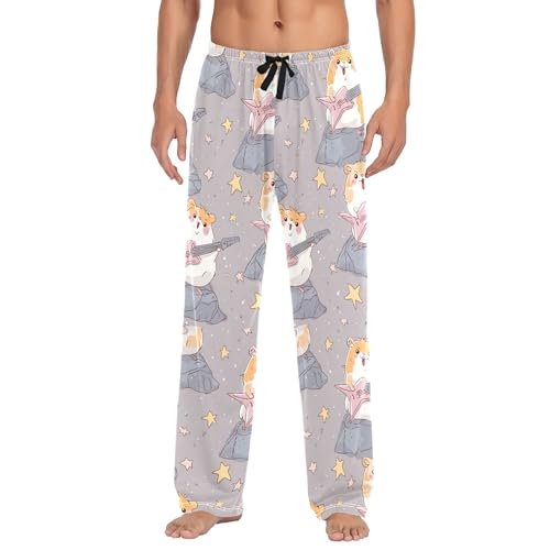 Men's Pajama Bottom Hamster Guitar Rock Cotton Pajama Pants Drawstring Sleepwear Long Pants Pockets
