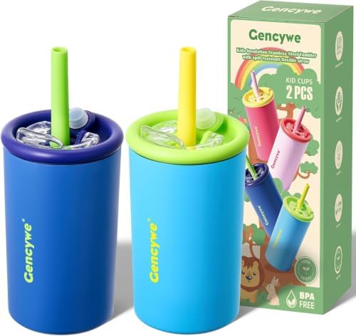 Gencywe® 2 PACK Kids Double Walled Stainless Steel Cups with Stra...