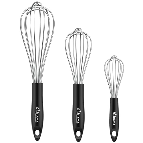 Image of NileHome Silicone Whisk Set 8 inch 10 inch 12 inch, 3 Pack Kitchen Whisk Kitchen Wisk Wire Whisks for Cooking, Whisking, Blending, Beating, Stirring-Black Silver