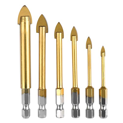 TIMESETL 6 pcs Perceuse à Verre Hexagonale Till Foret avec revêtement en Titane Céramique Foret 4mm / 5mm / 6mm / 8mm / 10mm / 12mm Forage Outil pour Miroir Carreau de Verre Cover