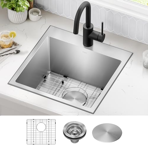 KRAUS 18 x 18 inch Standart PRO™ Drop-In Top Mount 16 Gauge Single Bowl 1-Hole Stainless Steel Kitchen Sink Set (5 Item Bundle: Sink, Bottom Grid, Drain Assembly, Drain Cap, Kitchen Towel), KHT301-18 - image 2