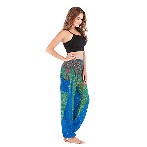 Bebling Pantalon de Yoga pour Femme, Taille smockée, imprimé Coton, Bleu
