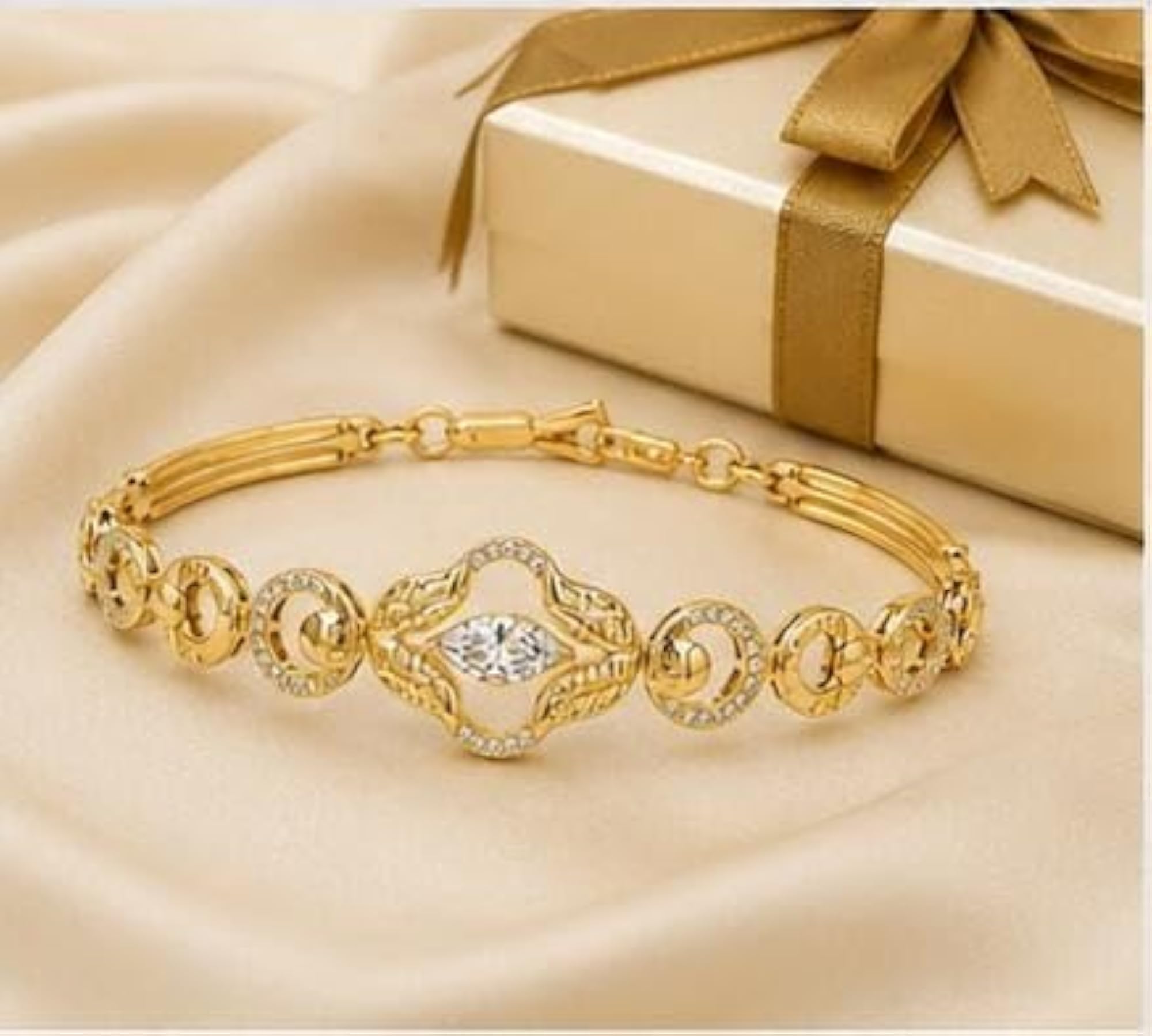 Gold-Toned CZ Floral Bracelet with Infinity Links
