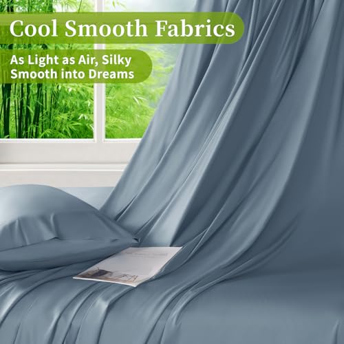 Shilucheng 100% Viscose Derived from Bamboo_ Sheets King Size 6pcs - Ultra Cooling & Silky Soft Bed Sheets, 16" Deep Pocket, Perfect for Hot Sleepers, Hotel Bedding Sheets (French Blue)