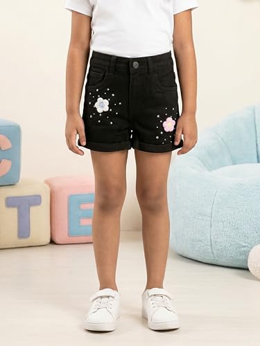 Image of KiddoPanti Girls Tight Length Rollup Denim Shorts with Lavender and Pink 3D Crochet Flowers