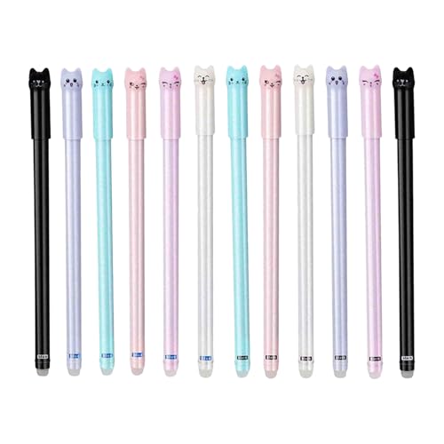 Iirlvior Lot de 12 stylos gel effaçables en forme de chat - 0,5 mm - Avec mine bleue et noire - Jolis stylos à bille effaçables - Pour le bureau, l'école
