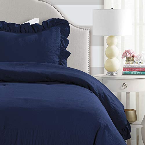 Image of Lush Decor Reyna Ruffle Comforter Set - 2 Piece Cozy Ruffled Bedding Set - Timeless Elegance and Comfort for Dorm Room - Twin XL, Navy