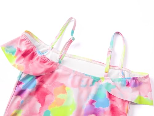 Image of Dvenki Big Girls Asymmetric Cutout Swimsuit Adjustable Straps Sizes 6X-16 | color block, leopard, tropical prints, front lined swimwear, removable pads, suitable for beach, vacation, pool play