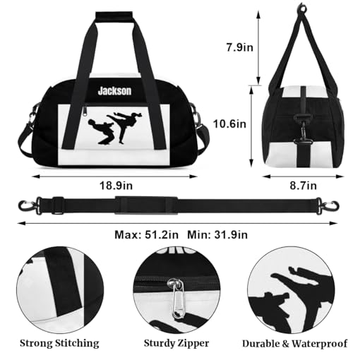 Personalized Custom Kids Duffel Bags for Boys Teen Girls, Customized Sports Gym Bag Travel Duffle Bag, Overnight Weekender Sleepover Bag, Martial Arts Taekwondo White Section 432