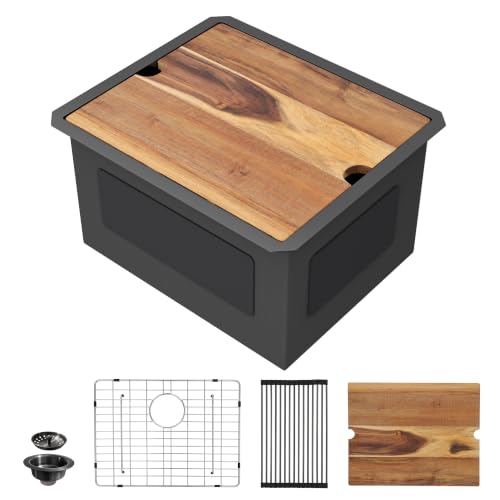 Image of 21 inchx18 inch Undermount Black Laundry Utility Sink Workstation | Gunmetal Black NANO-PVD 16 Gauge T304 Stainless Steel 12 Inch Deep Single Bowl Sink Basin for Laundry Room RV Utility Use