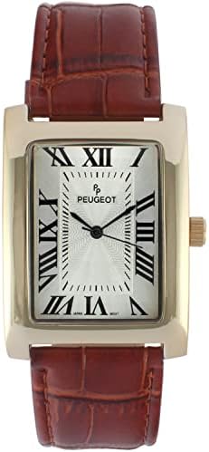 Peugeot Men's Vintage Rectangular 14K Gold Plated Wrist Watch with Matching Leather Strap Band