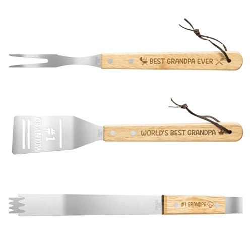 Haooryx Grandpa Grilling BBQ Tool Accessories Set - 3Pcs Best Grandpa Ever Stainless Steel Grilling Spatula Tong Fork Father's Day Birthday Present Outdoor Camping Barbecue Housewarming Party Supplies