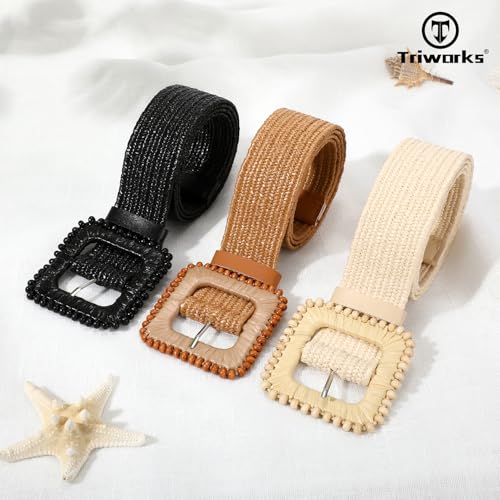 3 Pack Straw Woven Stretch Belt for Women,Raffia Elastic Belt for Dress Wide Boho Waist Belt with Square Buckle3